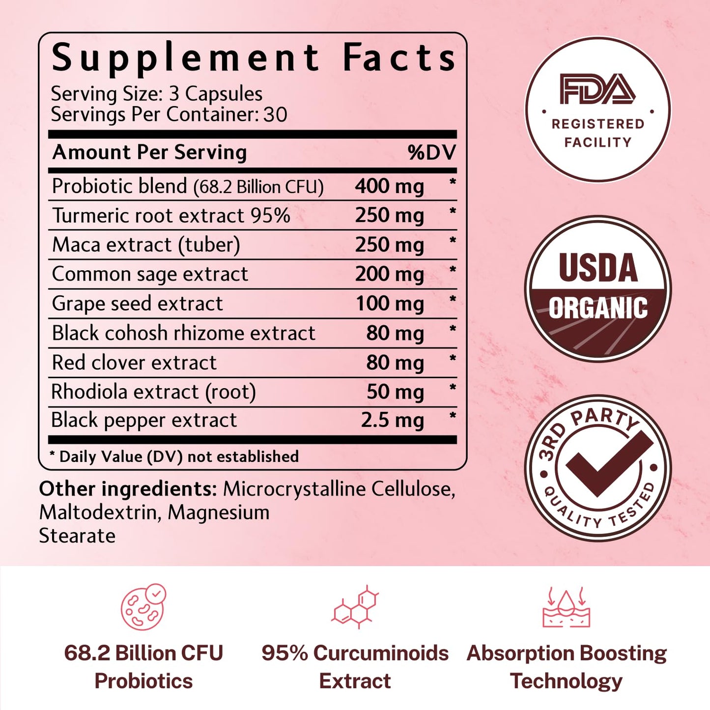 Wellaray Menopause Relief - Probiotics for Women, 68.2 Billion CFU, Turmeric, Maca & Black Cohosh - Supports Gut Health, Hormone Balance, Weight Management, Joint Health, Hot Flash Support,90 Capsules