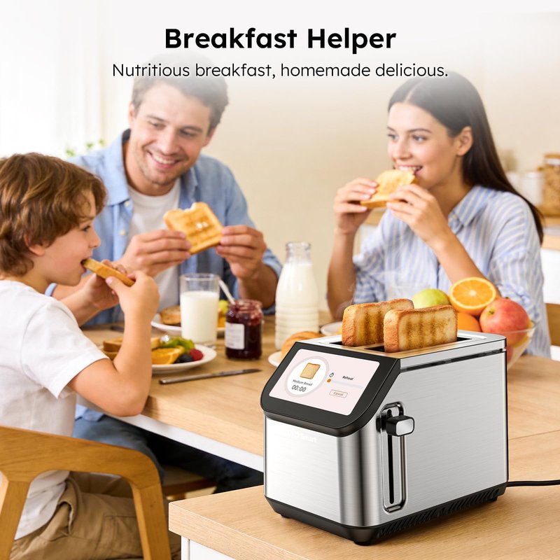 Smart Toaster 2 Slice Wide Slot LCD Touch Screen, Stainless Steel Toaster with Memory Function, 10 Bread Types & 6 Shade Settings, Fast Even Toast, Removable Crumb Tray, 900W