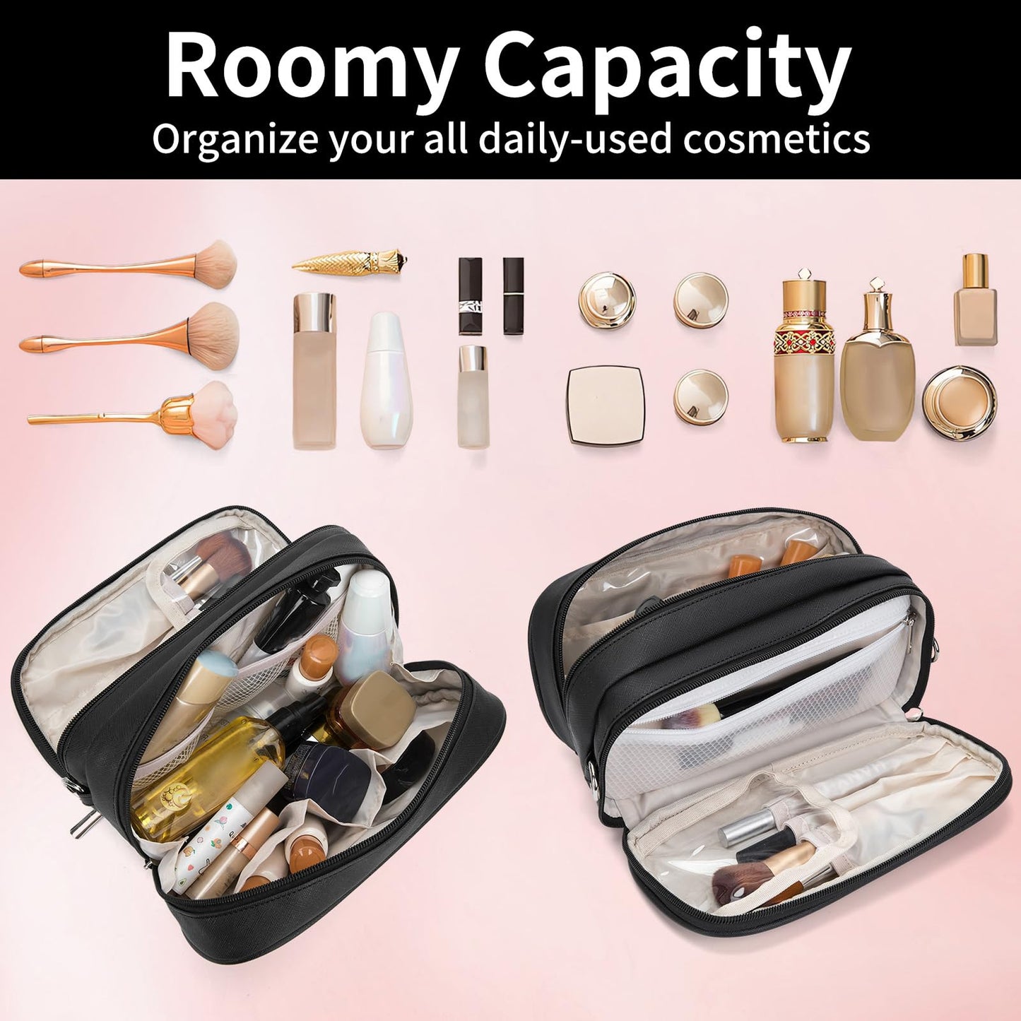 XIAOLER Makeup Bag for Women, Wide-open Makeup Organizer with Makeup Brush Holder, Waterproof Cosmetic Bag with Compartment, Portable Travel-Size Toiletry Bag for Traveling, Large Make Up Bag (Black)