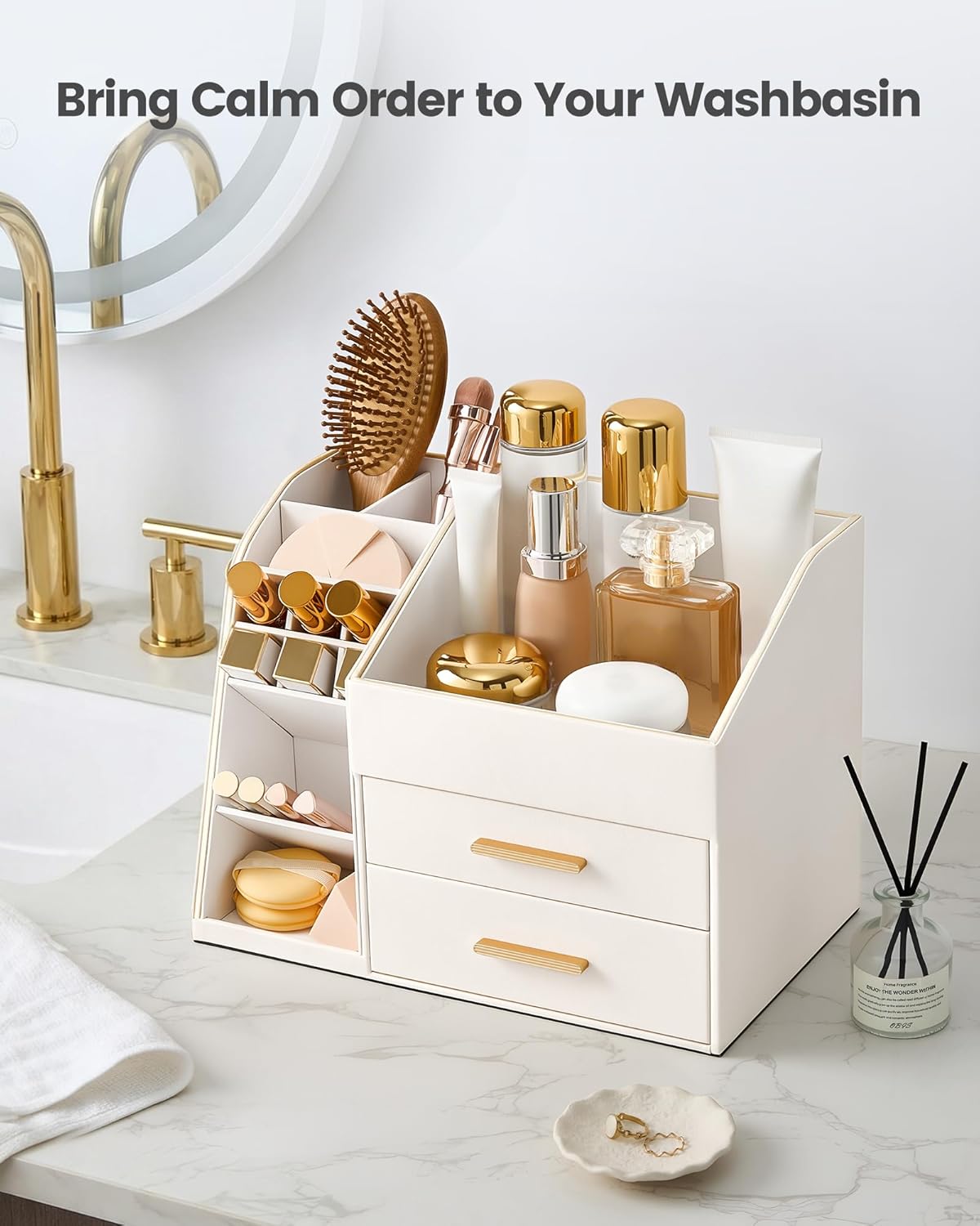 Makeup Organizer - 3-Layer PU Leather Storage Box with Drawers | Easy to Clean Vanity Display Case - Cream
