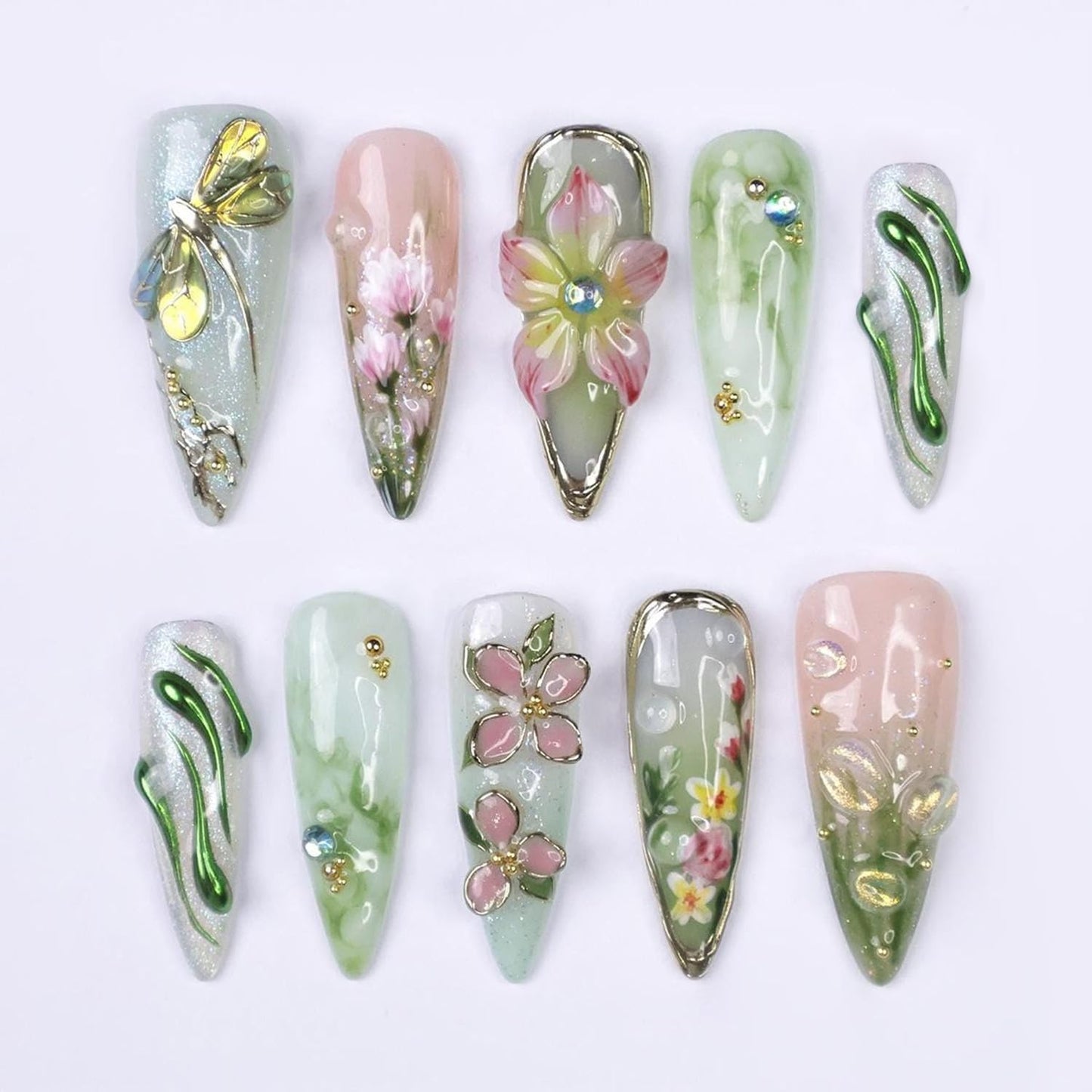 Press-On Nails - 24Pcs Pink Floral Almond Fake Nails with 3D Butterfly Designs | Medium Length, Full Cover