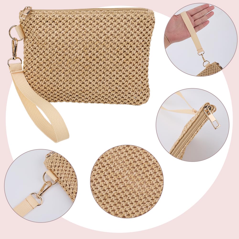 CREATCABIN Beige Straw Woven Cosmetic Pouch Bohemian Beach Straw Purses Portable Vacation Travel Storage Clutch Bags for Outdoor Camping Toiletry Makeup Tools Organiser Hawaii Zipper Handbags 8.3x6in