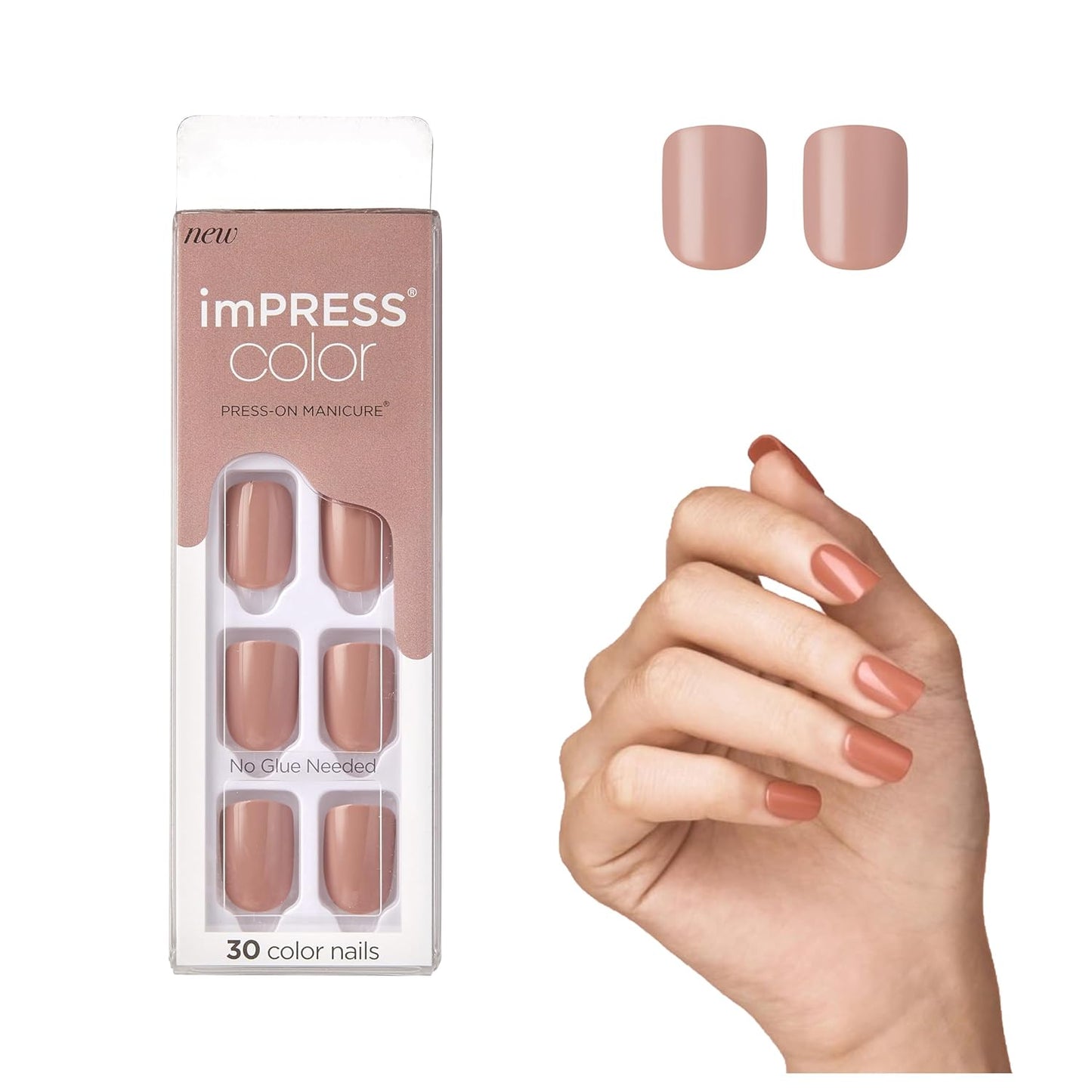 Kiss Impress Press-On Nails Kit - 30 Petal Pink Peel & Stick Short Squoval | Glossy Gel Finish, Includes Prep Pad & Mini File