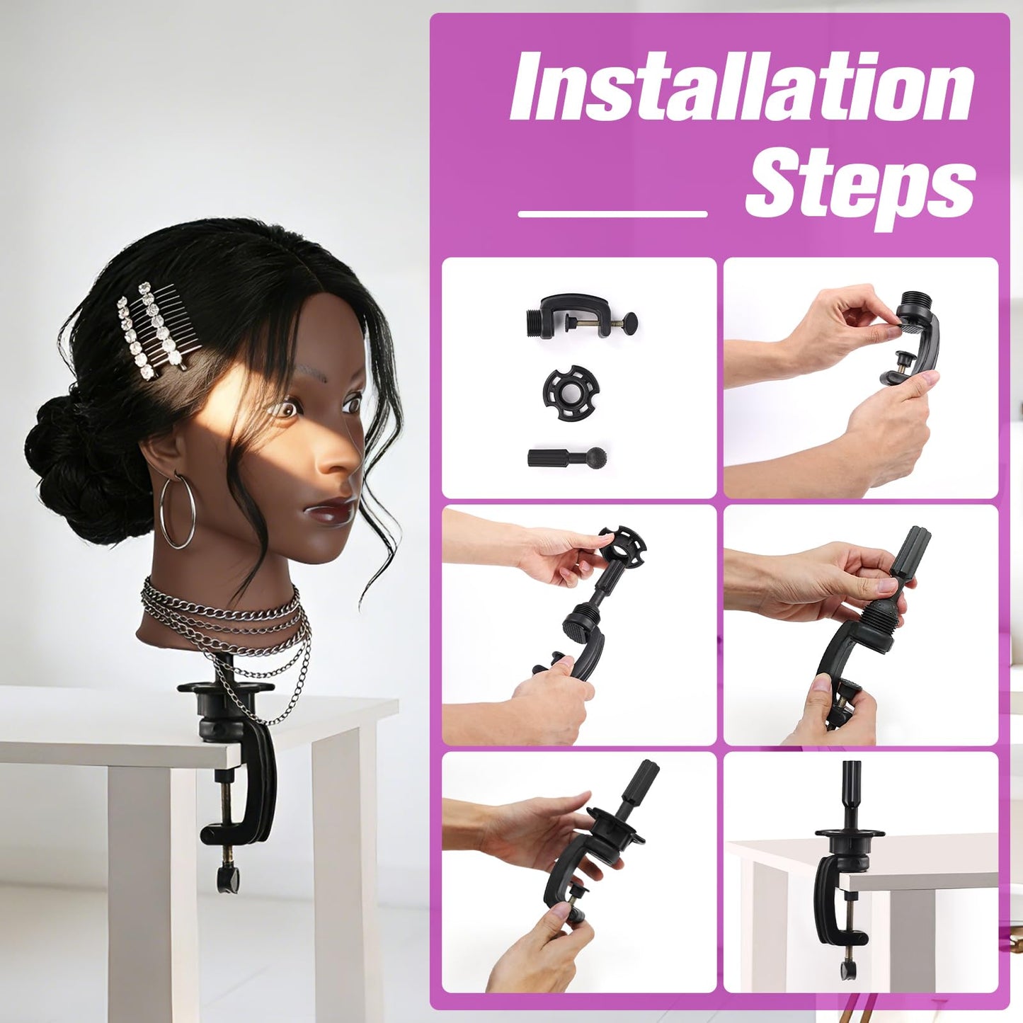 100% Real Hair Mannequin Head,22''Human Hair Mannequin Cosmetology Manikin Doll Head Hair Styling Hairdressing Practice Training Head with Clamp Holder and Tools(Black)