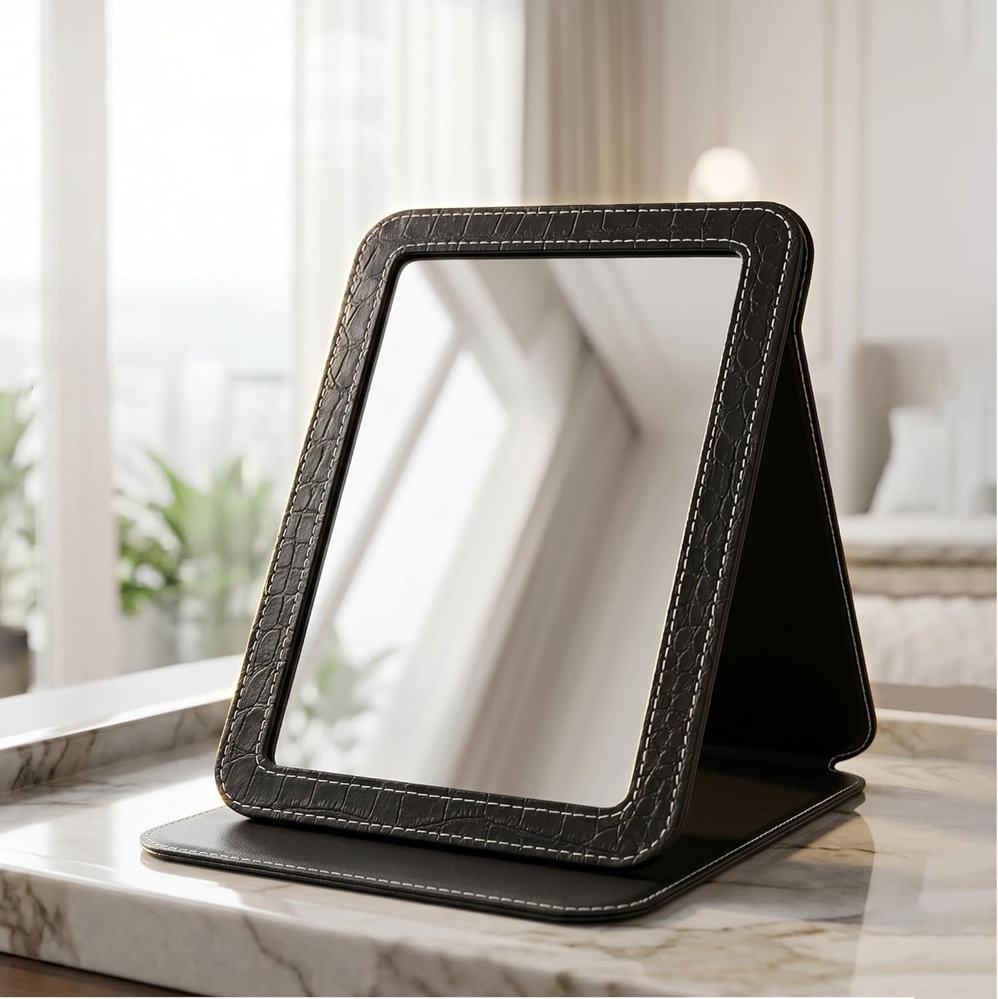 Foldable Desk Mirror - Blue Adjustable Angle Travel Mirror with PU Edge Cover | 6.5×8.9”