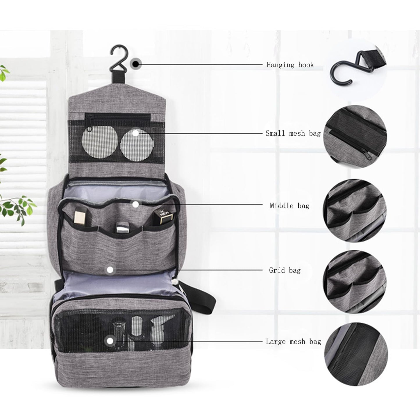 BlrymCrte Travel toilet bag is used to store toiletries, Suitable for short-term travel use hanging toilet bag (Gray)