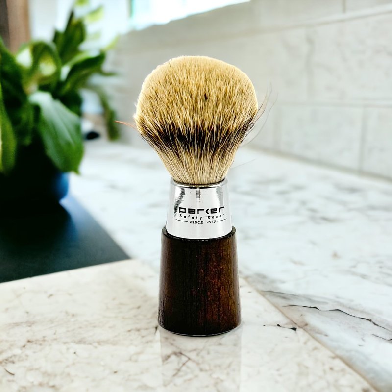Parker Safety Razor Handmade Shaving Brush with 3-Band Silvertip Badger Bristles & Stand | Premium Walnut Wood & Chrome Handle | Luxury Wet Shave Tool for Men