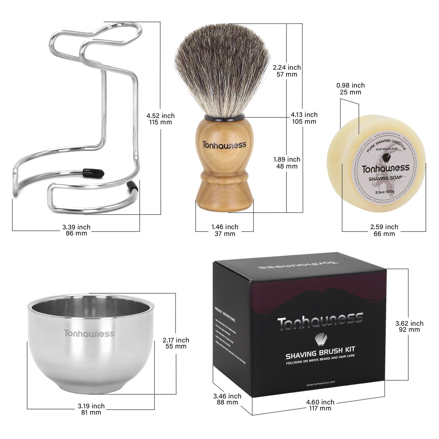 Tonhawness Shaving Brush Kit for Men, 4 in 1 Shaving Brush Set Includes Pure Badger Shaving Brush, Shaving Soap and Stainless Steel Shaving Bowl & Stand for Men’s Barber Shave Gift
