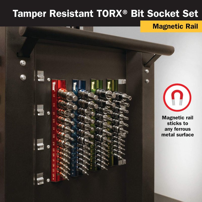 Titan 16121 12-Piece Tamper Resistant Torx Bit Socket Set, Magnetic Socket Organizer with Laser-Etched Size Markings