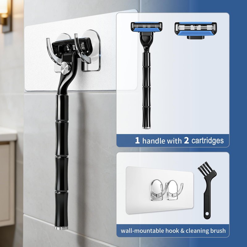 FYNEDGE 3-Blade Men Razor with Lubricating Strip & Pivoting Head - Safety Razor Blades Kit Includes 1 Handle, 2 Razor Blade Refills, Wall Hook & Cleaning Brush