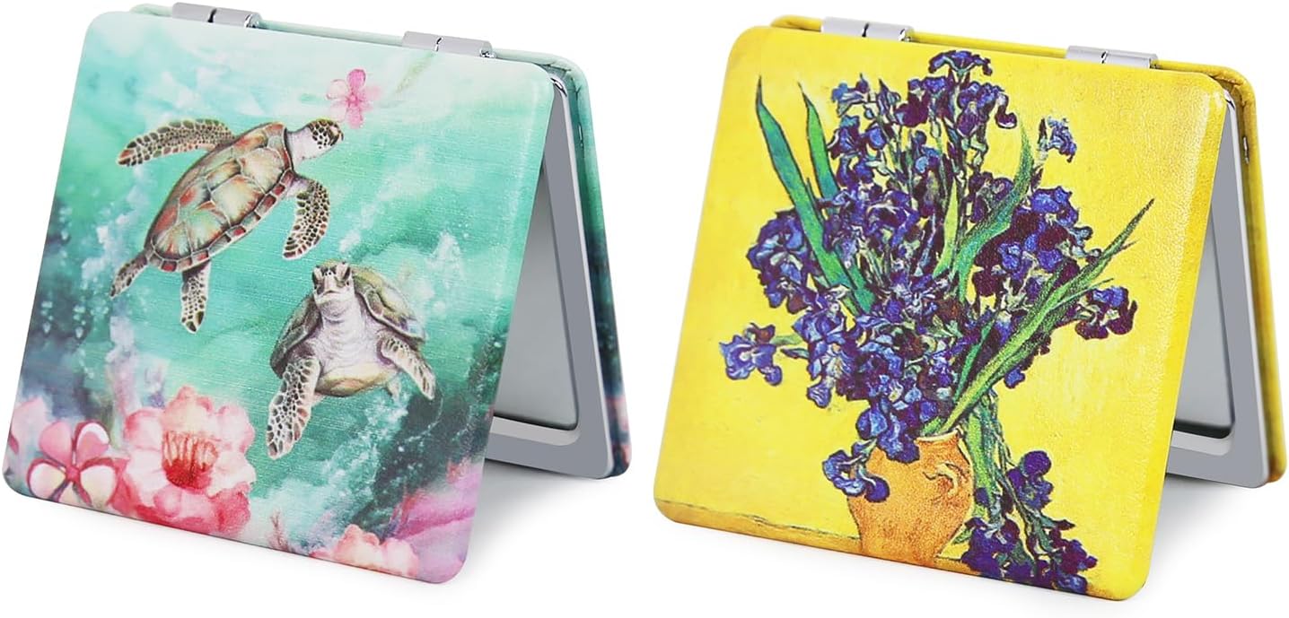 Pocket Mirror for Women - 2 Pcs Compact Double-Sided 1X/3X Travel Mirror | Square 2.8” PU Style