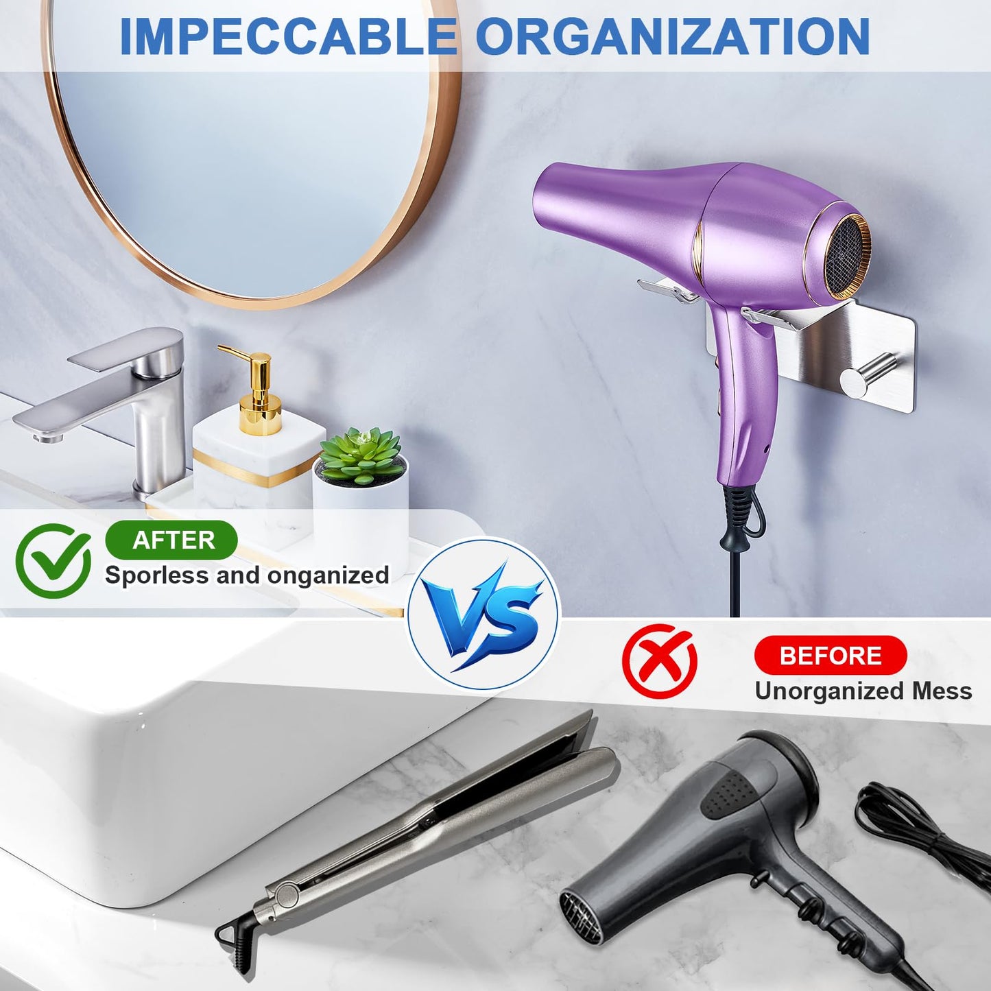 XILIMEN Hair Dryer Holder Wall Mounted, Blow Dryer Holder Adhesive, Metal Hairdryer Holder for Bathroom, Hair Tool Organizer with Plug&Cord for Cabinet Bathroom Bedroom Barber Shops (Sliver)