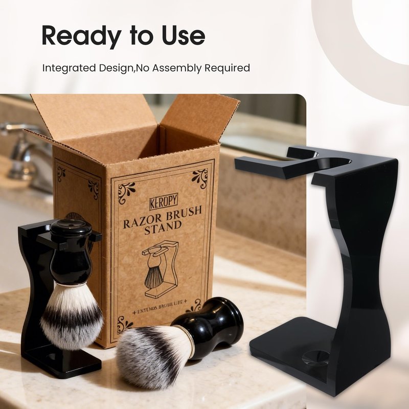 Keropy 2-in-1 Shaving Brush and Razor Stand, Black Acrylic Razor Holder with Brush, One-Piece Shave Brush Stand, Safety Razor Stand for Men, Universal Bathroom Storage Organizer, Grooming Gift for Men
