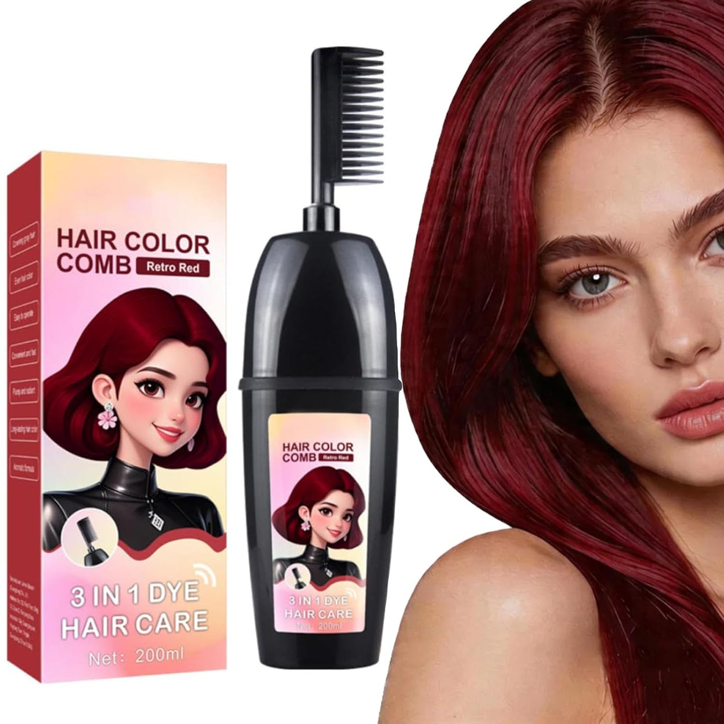 Herbal Hair Coloring Comb - 3-In-1 Ammonia-Free Hair Color | Retro Red 200ml - Nourishing Argan Oil & Ginseng