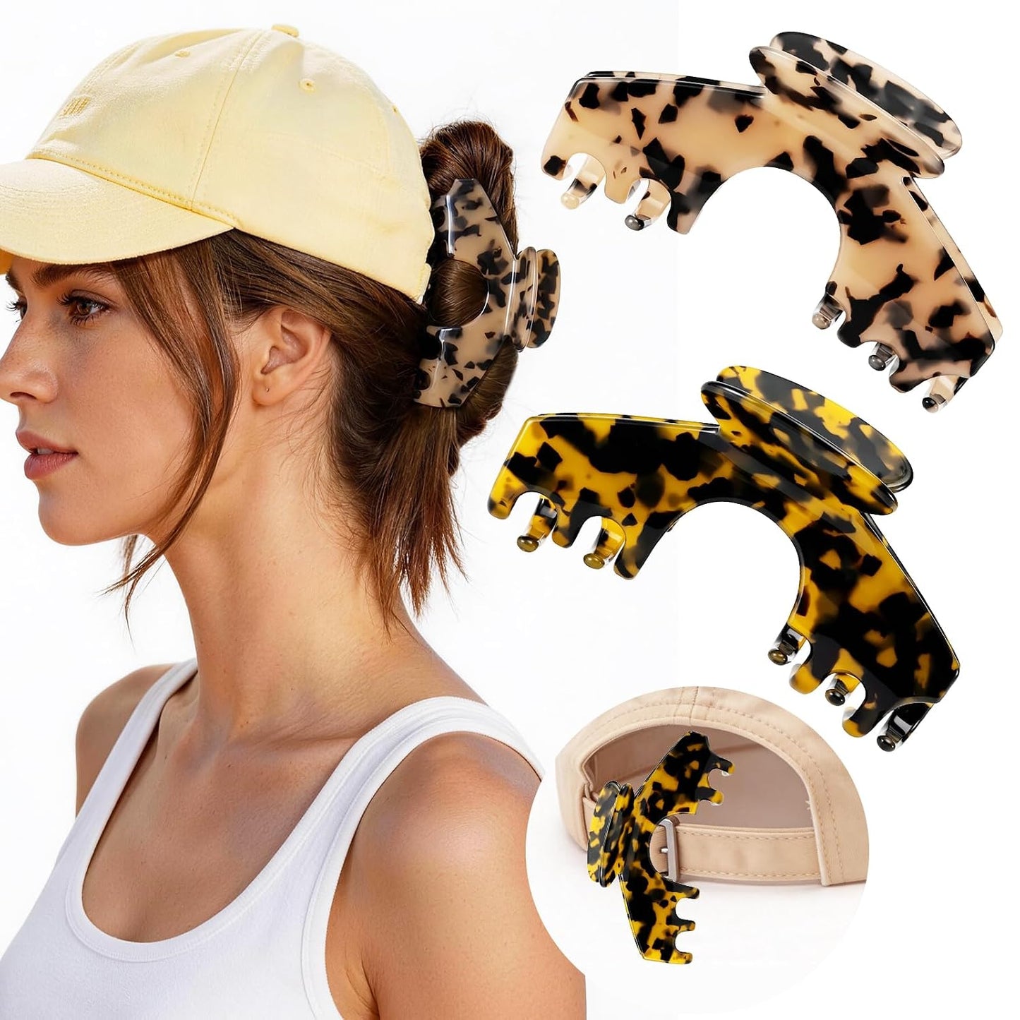 Hat Claw Clips for Women - 2 Pack Non-Slip Hair Accessories for Thick Curly Hair | Leopard & Tortoise Shell