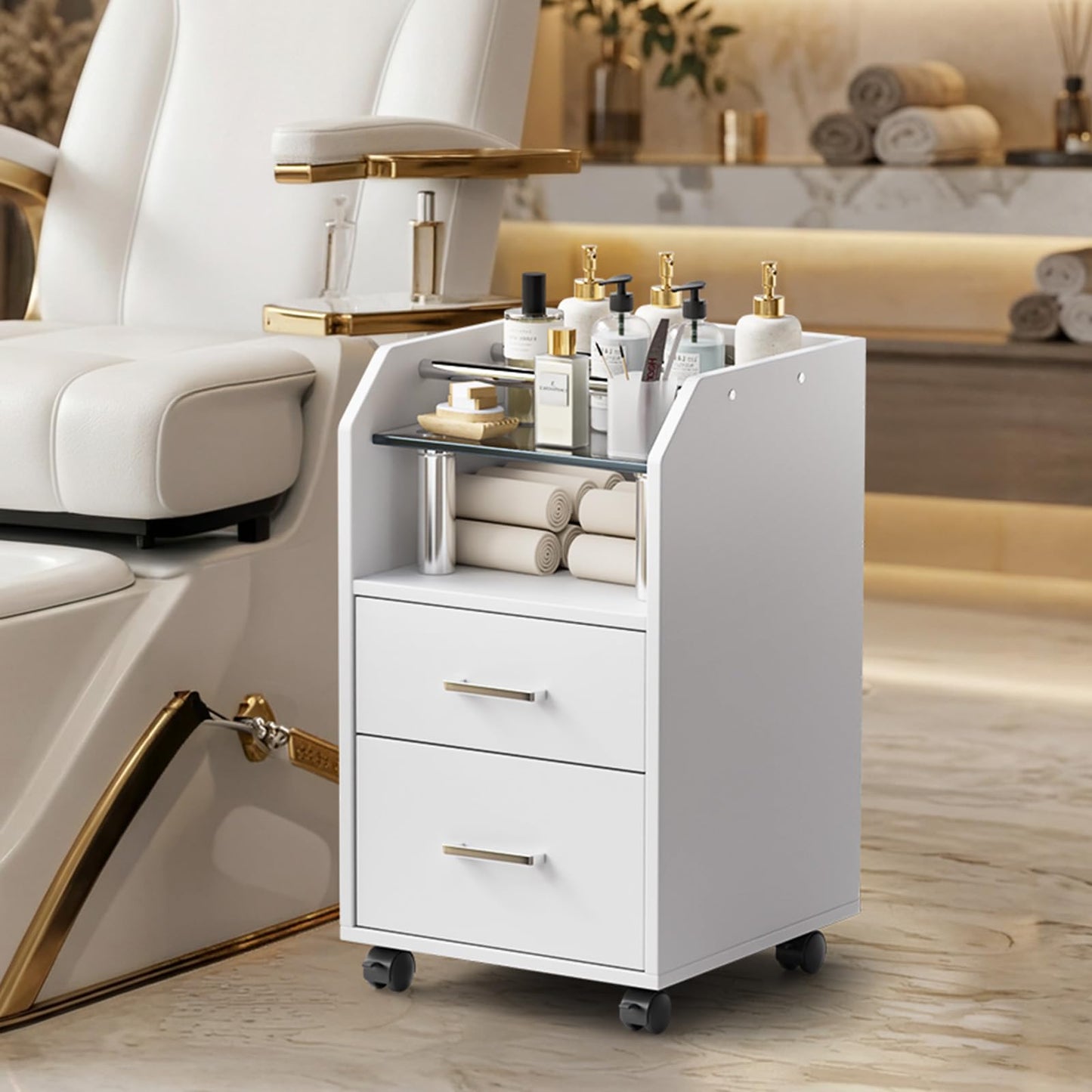 OmySalon Pedicure Cart, Foot Bath Trolley with Storage Drawer & Bottle Racks, Portable Salon Station for Esthetician Manicure & Foot Massage, Beauty Spa Supplies with Locking Wheels, White