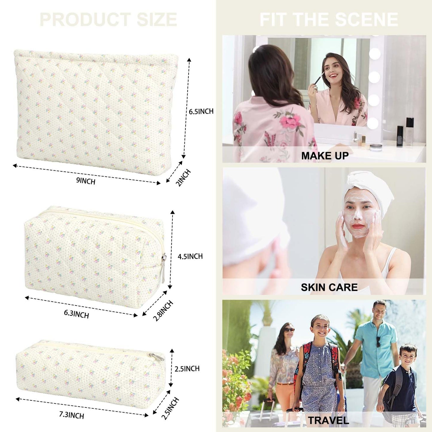 EIMMBD Makeup Bag 3 Pieces Large Capacity Checkered Cosmetic Bag Travel Toiletry Bag Organizer Cute Makeup Bag Pouch Storage Bag for Women(Beige Floral)