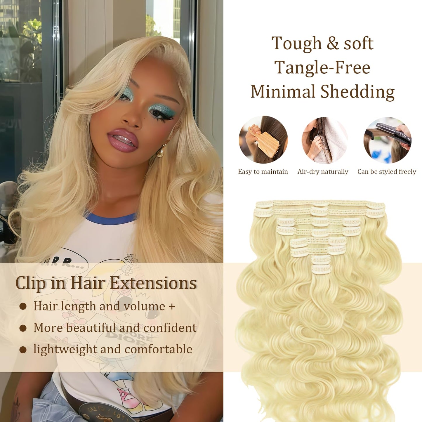 #613 Blonde Clip in Hair Extensions Real Human Hair, 14 Inch 120g/7Pcs,Full Shine Remy Human Hair,Blonde Body Wave Clip ins Brazilian Virgin Human Hair Extensions