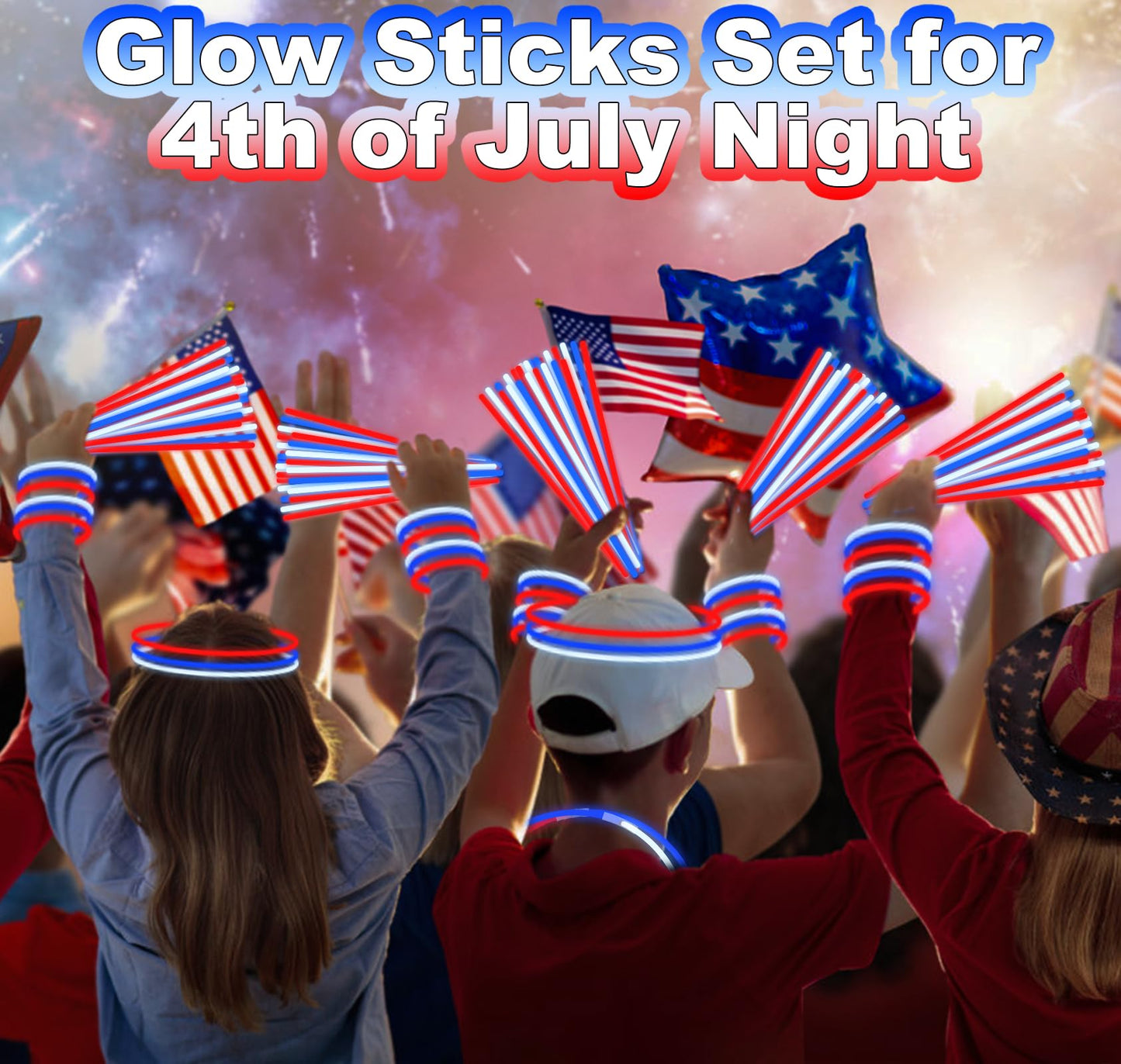 4th of July Red White Blue Glow Sticks Bulk with Connectors 100 PCS, Fourth of July Light Up Necklaces Bracelet Accessories for Kids Adults, 250th Anniversary Patriotic Party Favors Independence Day