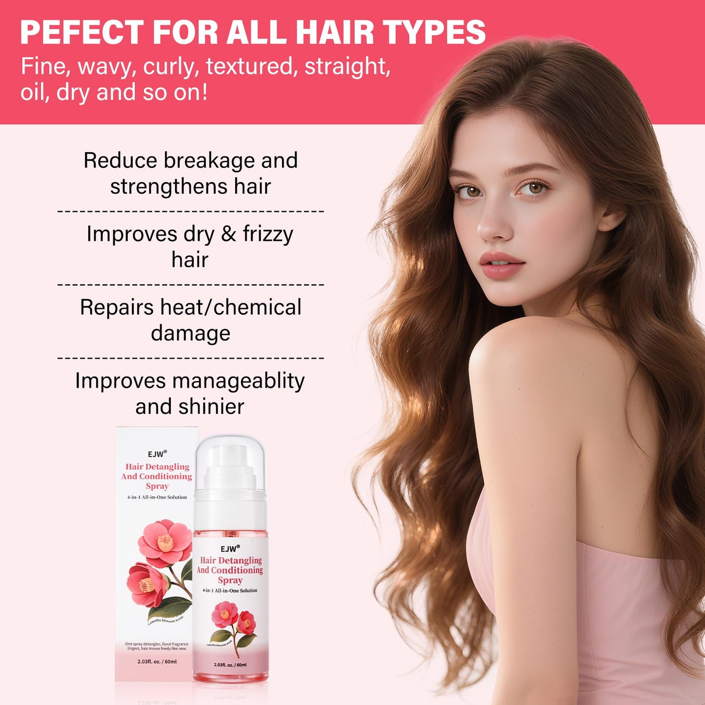 EJW Hair Detangler Spray – Leave-In Conditioning for Tangle-Free Hair – Instantly Detangles Knots, Smooths & Moisture, Prevents Breakage & Frizz – 2.03 fl oz