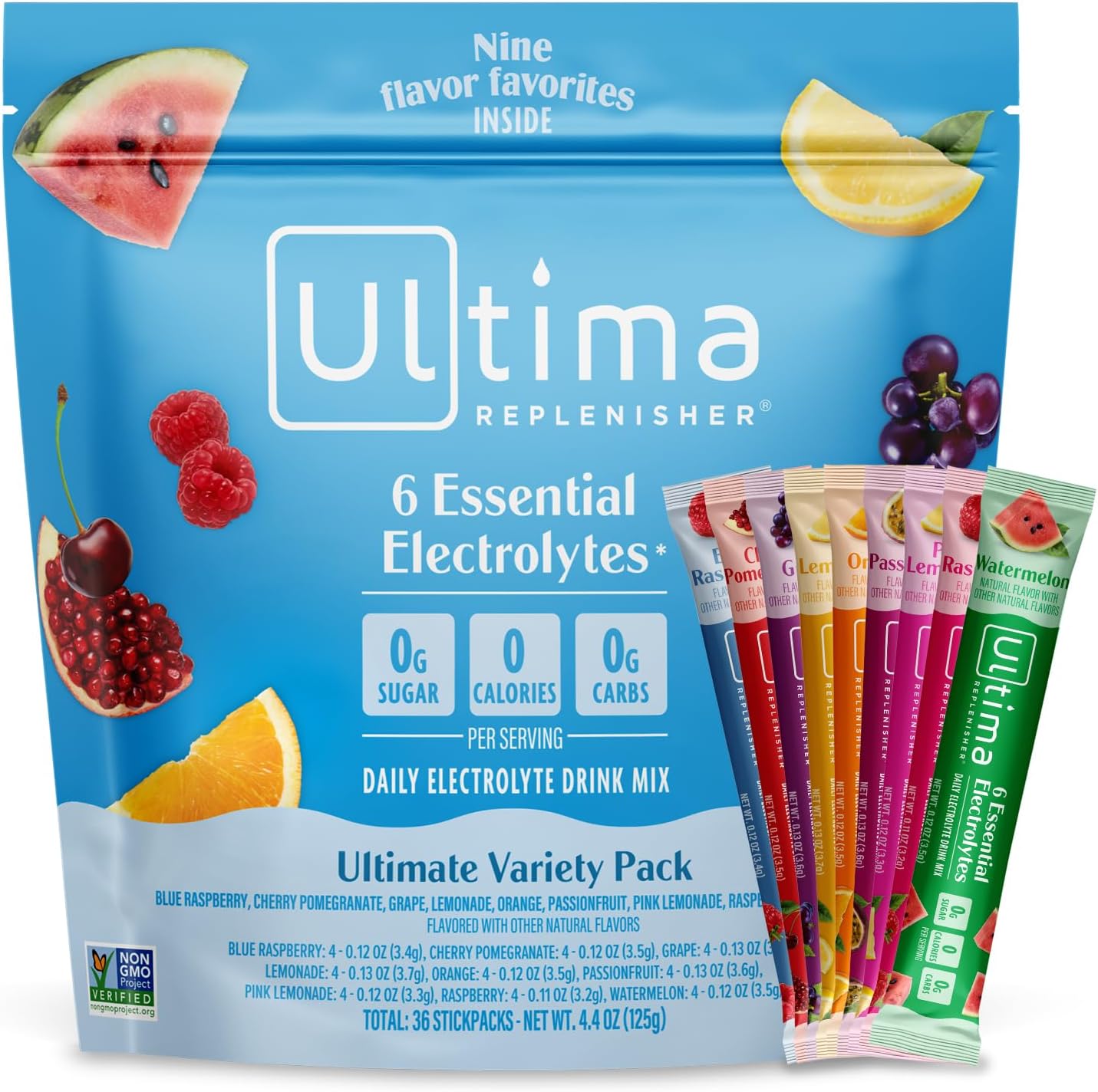Ultima Replenisher Electrolyte Powder | Zero Sugar Hydration Packets with 6 Electrolytes – Original Variety Pack, 20 Stickpacks