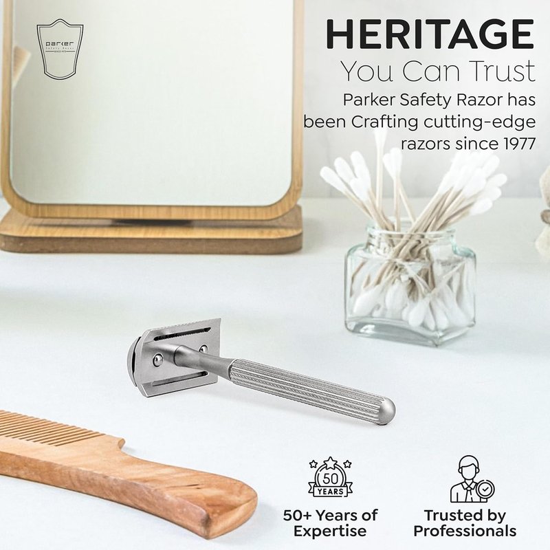 Parker 78R Double Edge Safety Razor with 5 Safety Razor Blades, Women & Men’s Safety Shaving Razor, Reusable, Plastic Free – Satin Chrome