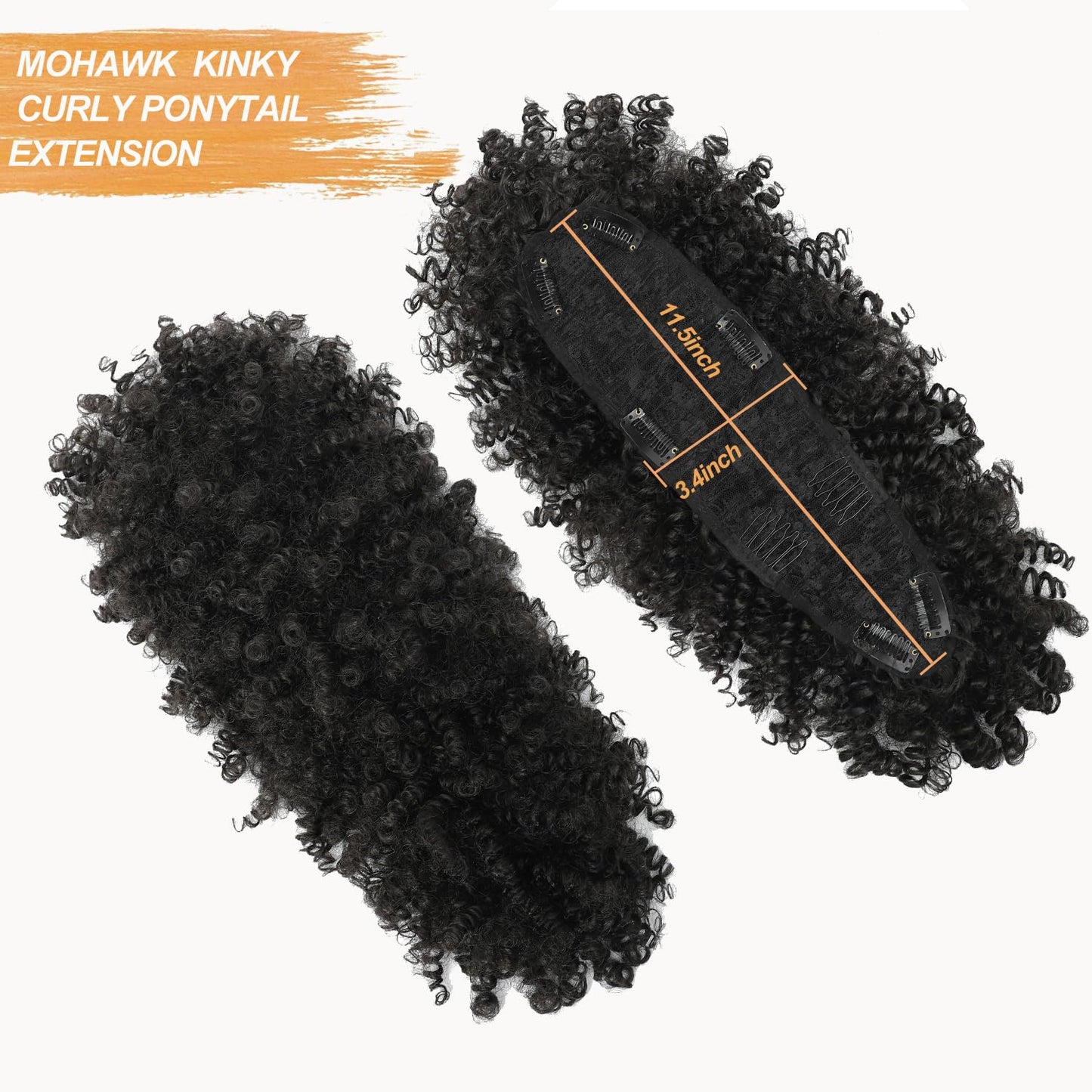 Mohawk Wig Kinky Curly Natural Black Ponytail with Bangs,Short Curly Synthetic Clip on Mohawk Ponytail Extension Hair Pieces for Women with Six Clips and Two Combs Fluffy Hair for Daily and Party Use