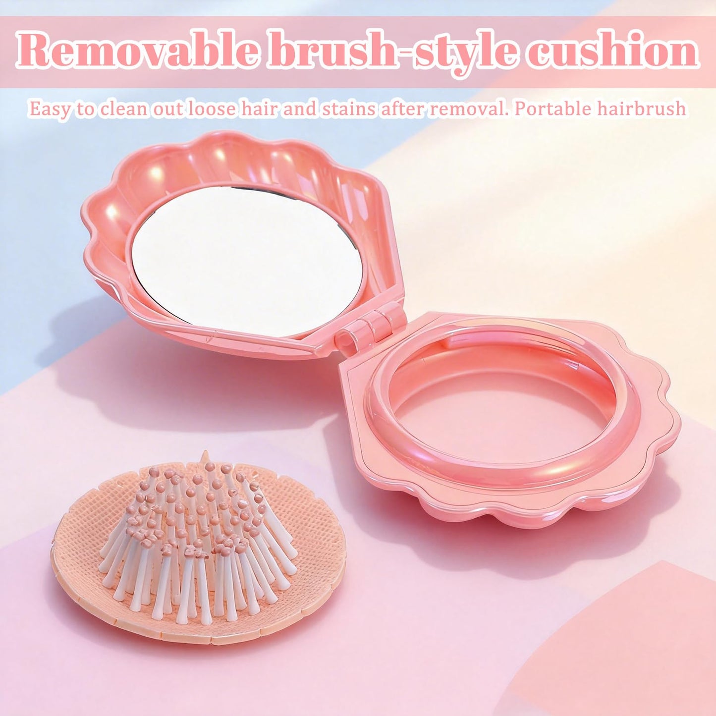 2 PCS Shell Foldable Travel Hair Brush with Mirror, Portable Iridescent Shell Folding Hair Brush Compact Travel Size Pocket Hairbrush Metallic Shinning Mini Massage Comb for Women (Purple, Pink)