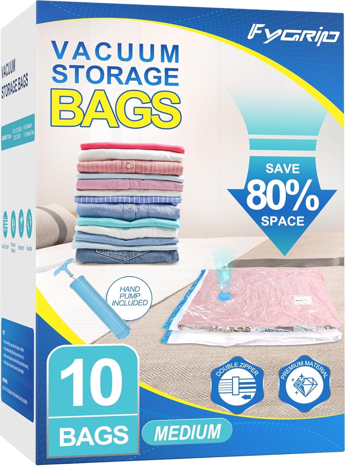 Fygrip Vacuum Storage Bags - Space-Saving Vacuum Seal Bags for Clothing & Travel | 20 Combo with Hand Pump
