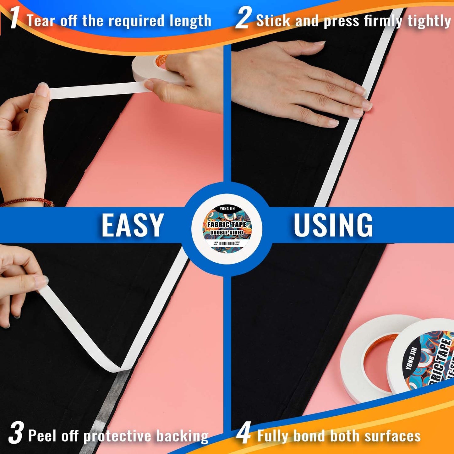 Double-Sided Fabric Tape - No Sewing or Ironing Needed | Quick Clothing Repairs, Adhesive Cloth Tape (2 Rolls, 1/4" & 1/2")