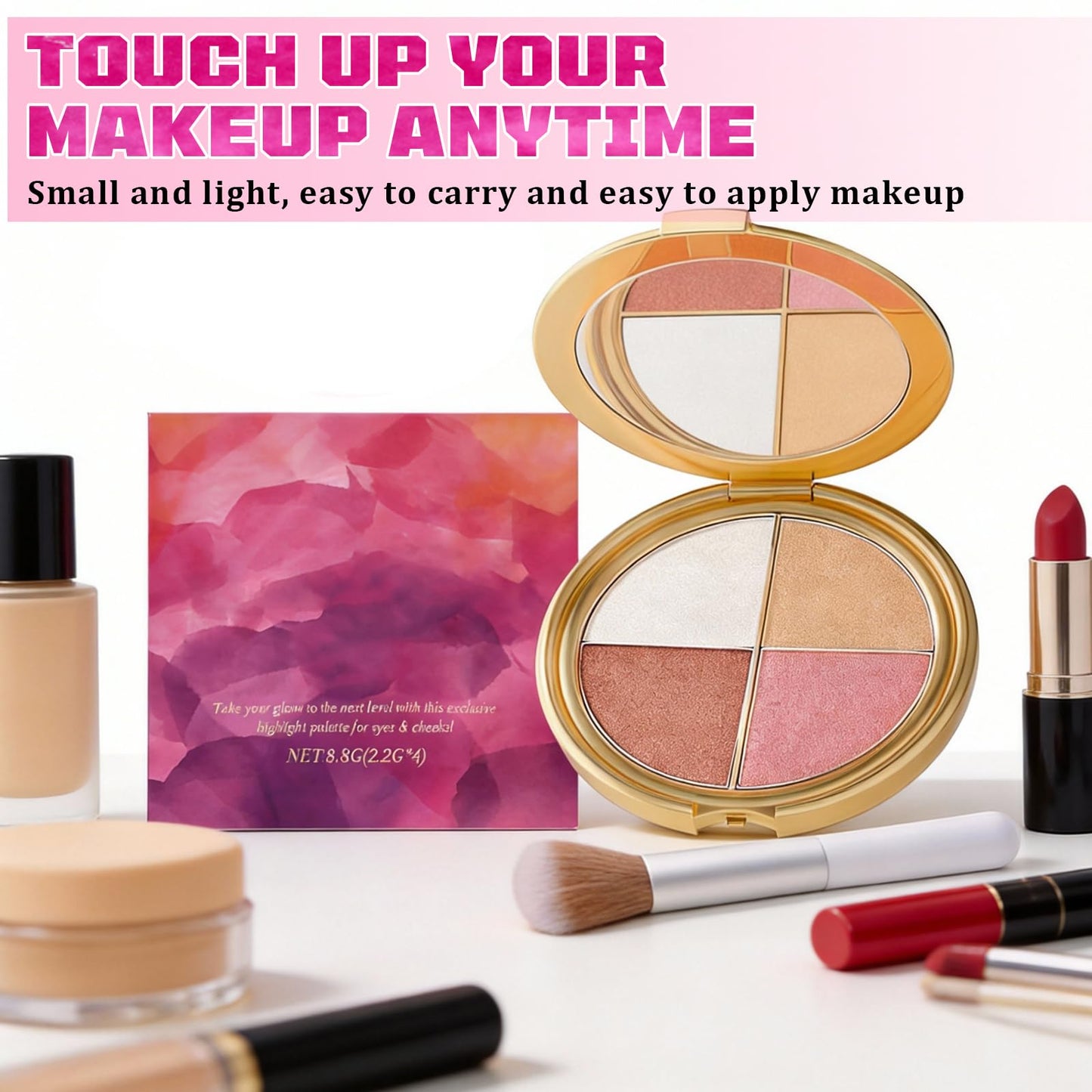 Eye & Cheek Palette with 1 Pcs Blush Brush, Multifunctional Blush Palette, Eyeshadow and Highlighter Makeup, 4-In-1 Natural Glow Contour Powder for Women
