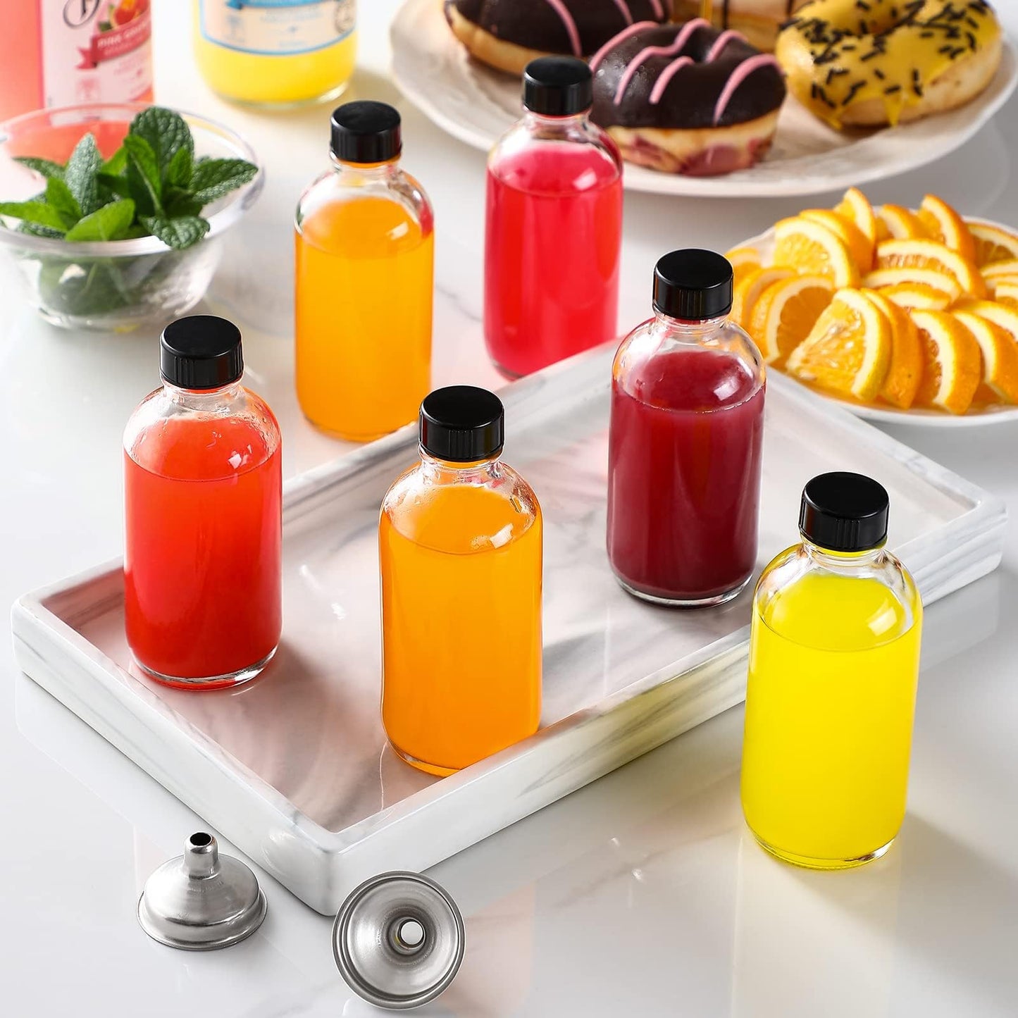 10 Pack, 4 oz Small Clear Glass Bottles w/Lids & 3 Stainless Steel Funnel - 120ml Boston Round Sample Bottle for Potion, Juice, Ginger Shot, Wellness, Oils, Whiskey, Liquids - Leakproof Travel Bottle