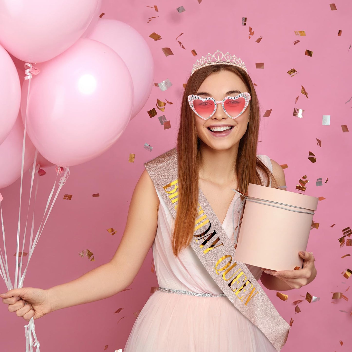 Loetere 3 Pcs Birthday Queen Sash and Crown with Glasses for Women Rhinestone Tiara and Glasses Queen Sash Accessories Set Birthday Party Favors for Party Birth Anniversary