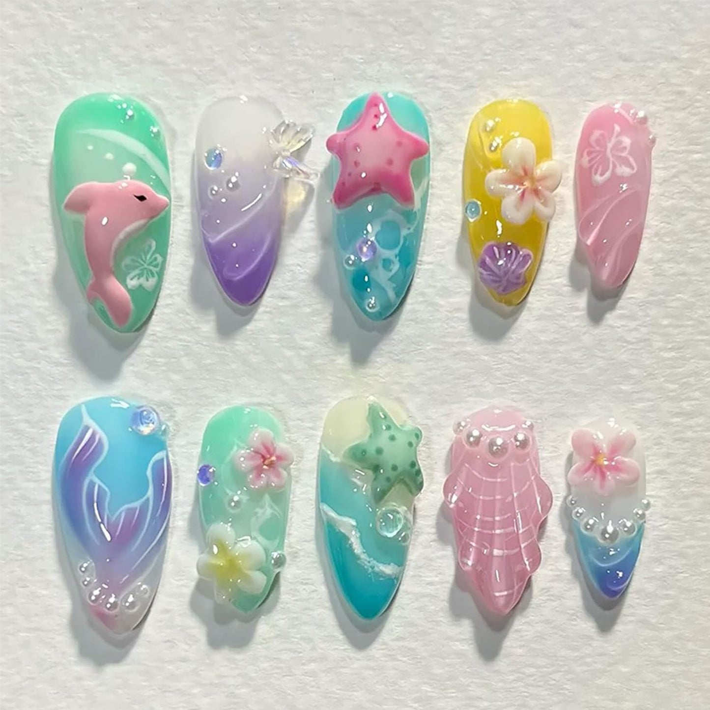 Flower Press-On Nails - 10 Pcs Short Almond Style with Gold Shell & Starfish Rhinestones | Reusable Cute Handmade Acrylic Nails for Women & Girls