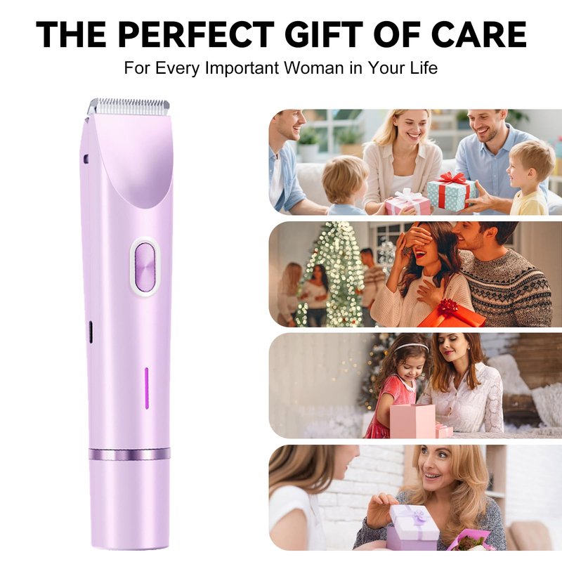 2-in-1 Bikini Trimmer for Women & Electric Razors for Women, Dual Head Design for Intimate Areas, Face, Underarms & Legs, IPX7 Waterproof Rechargeable Shaver, Portable Travel Personal Care (Purple)
