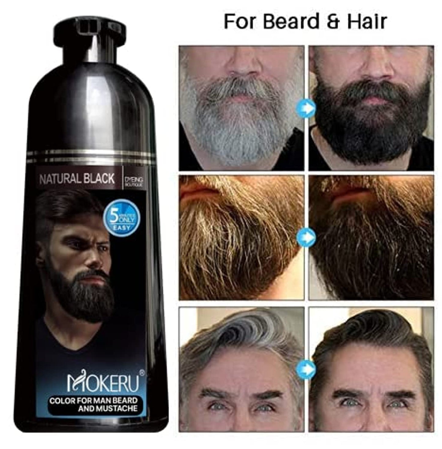 MOKERU Professional Men's Mustache & Beard Black Hair Color Dye Shampoo: Plant Extract All Natural Instant Fast Acting 5 Minutes Color Dye Black