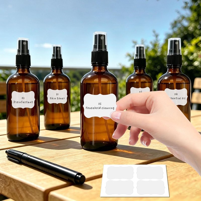 Amber Glass Spray Bottles - 28 Pack 4oz Refillable Fine Mist Bottles for Essential Oils, Hair, Cleaning | Includes Funnels & Labels