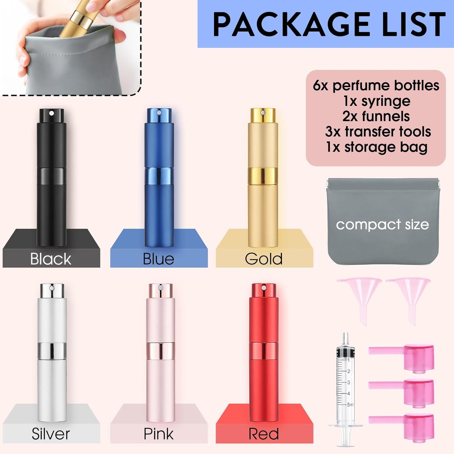 8ML Empty Perfume Atomizer Spray Bottle - 6 Pack Travel Mini Dispenser for Men & Women | Portable Twist Top
