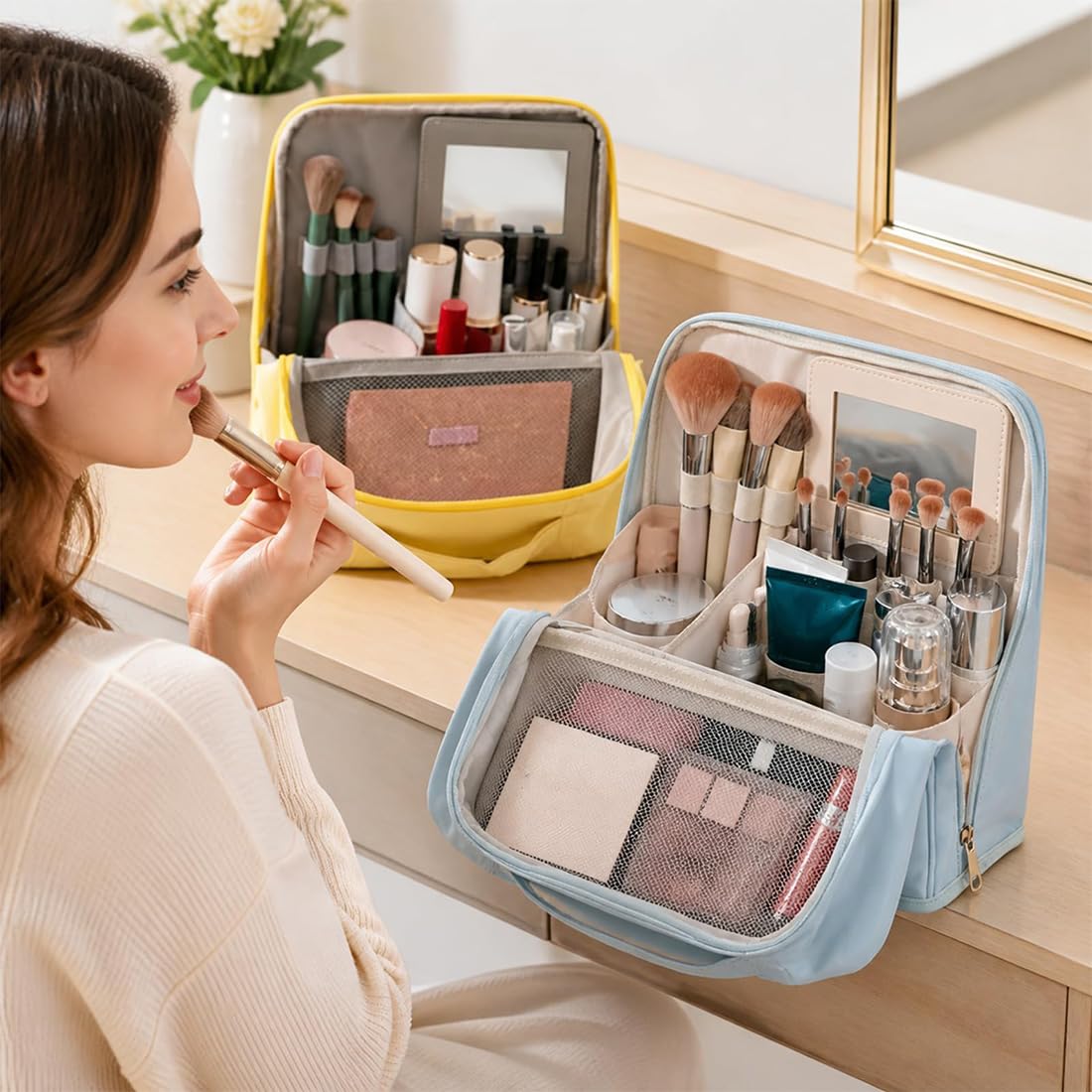 GDSAFS Stylish Handheld Partitioned Cosmetic Bag, Partitioned Cosmetic Organizer with Detachable Mirror, Stand Up Makeup Bag with Large Capacity for Travel & Daily Use (Pink L)
