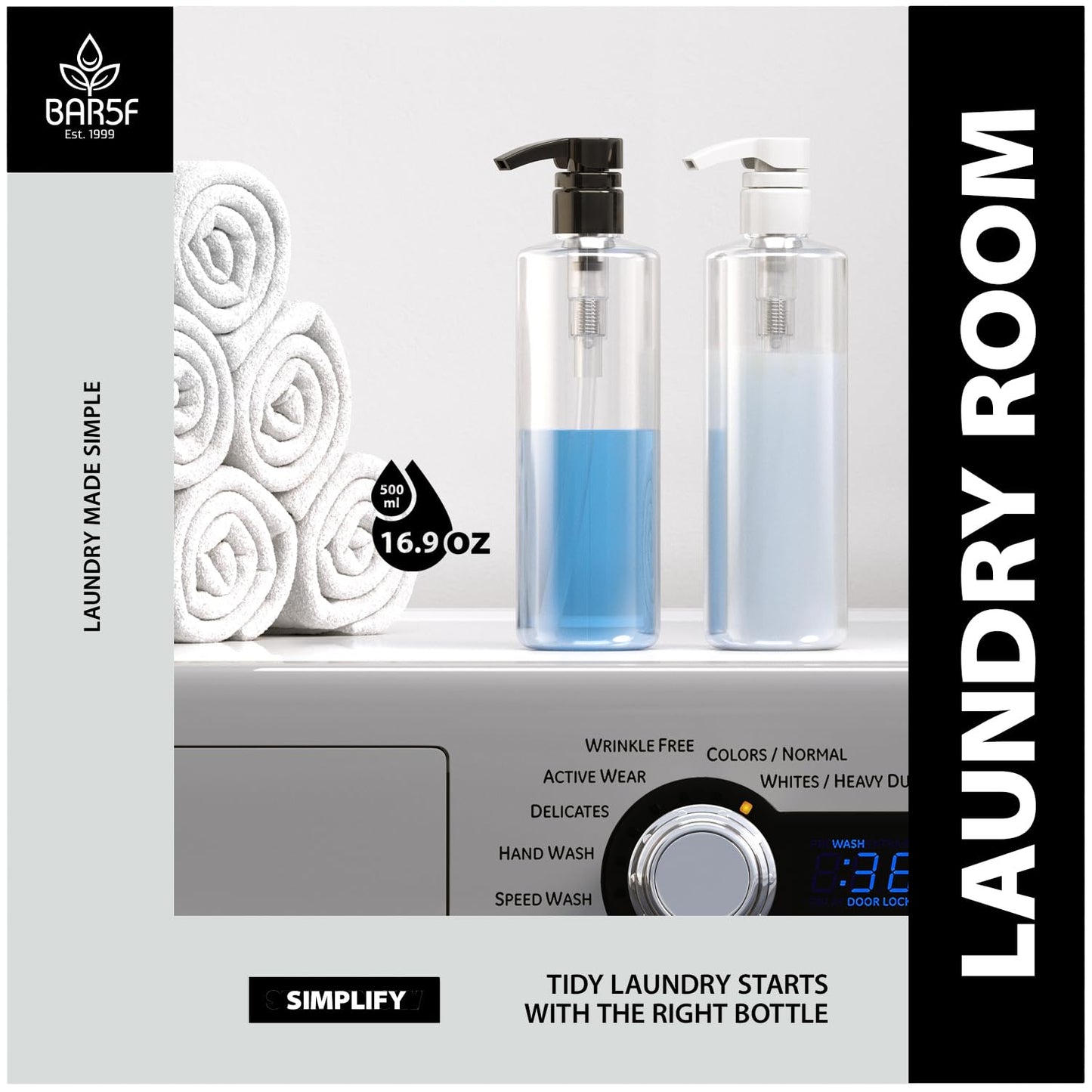 Bar5F Plastic Lotion Bottles with Black & White Pumps, 16 oz | Leak Proof, Empty Clear Cylinder, Refillable, BPA Free for Shampoo, Moisturizer, Face Cream, Liquid Hand Soap | Pack of 2