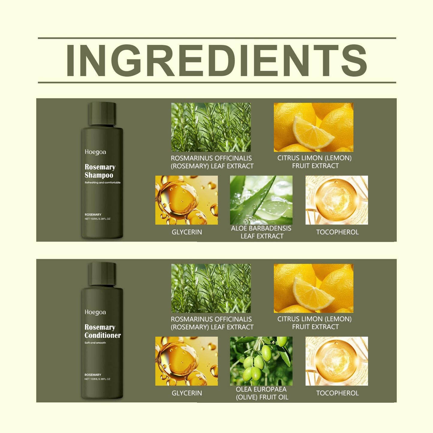 Hoegoa Rosemary Hair Care Set, Shampoo and Conditioner, Deep Nourishment for Dry Hair, Smooth Texture, Fresh Rosemary Scent, 100ml Each