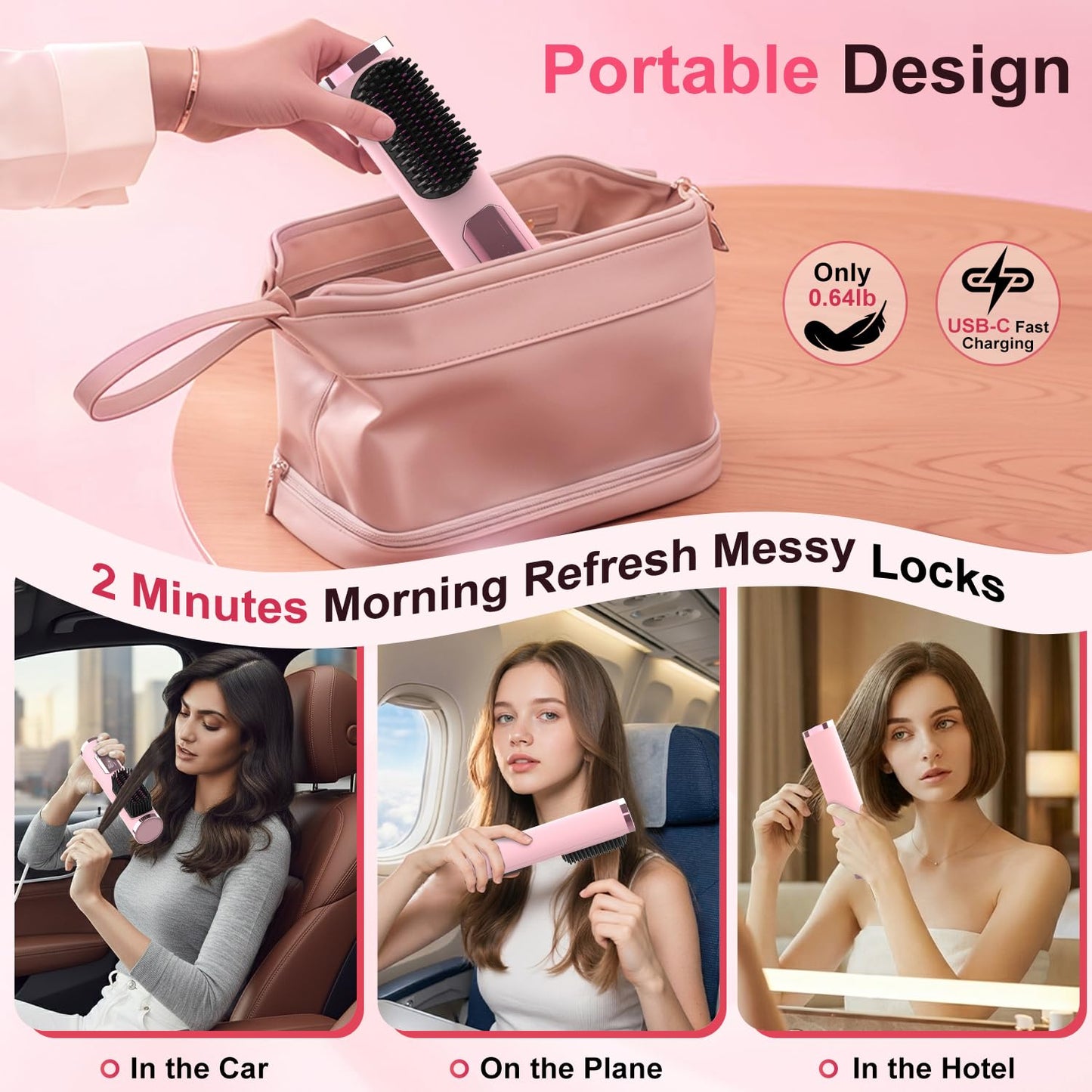 Cordless Hair Straightener Brush, Portable 500 Million Ions Smooth Straightening Brush, Rechargeable 4-IN-1 Go Brush, MCH Fast Heating, 5D Dense Bristles, LED Display, Anti-Scald for Women Home Travel