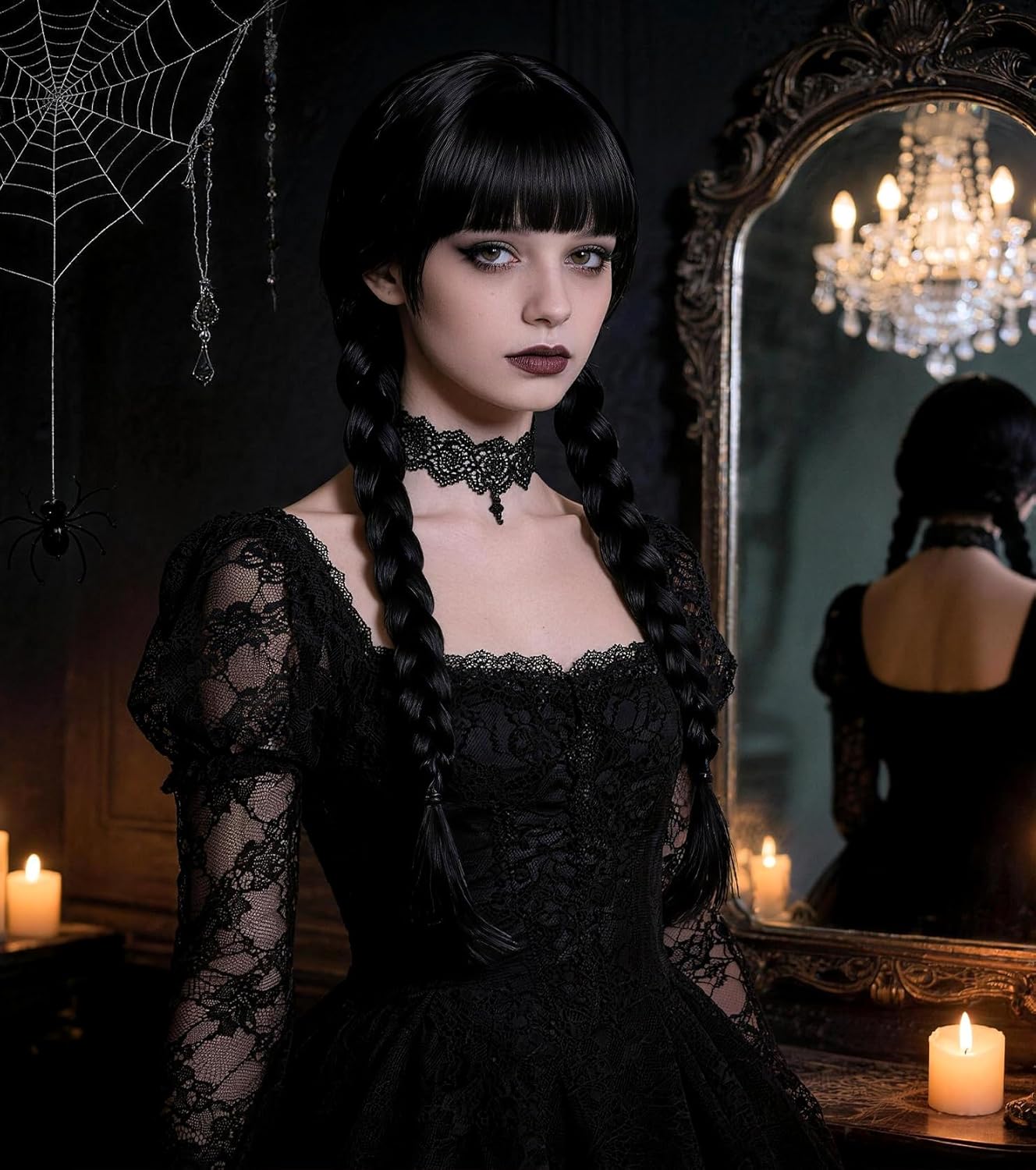 Women's Gothic Black Braided Wig - Long Straight Twin Ponytail Synthetic Fiber for Halloween & Party Costumes