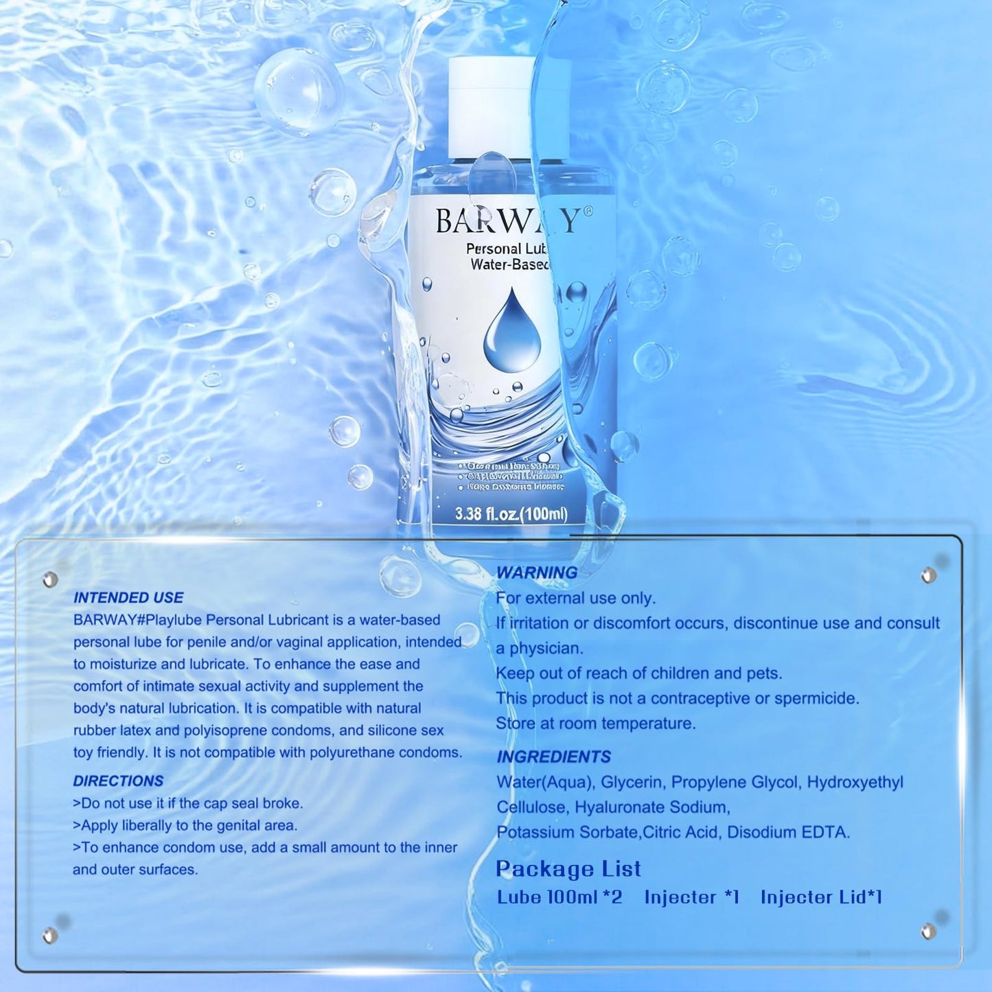 BARWAY Water Based Lube with 10ml Applicator Injector, Anal Sex & Vaginal Lubricant for Privacy & Toys, Non-Sticky pH Balanced Personal Lubrification for Men, Women & Couples, 2 x 3.38 Fl Oz