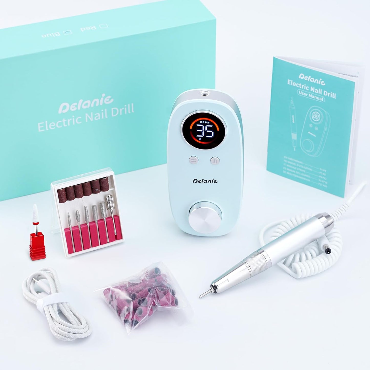 Rechargeable Nail Drill - 35000 RPM Efile for Acrylic & Gel Nails | Portable Electric Manicure & Pedicure Tool, Blue