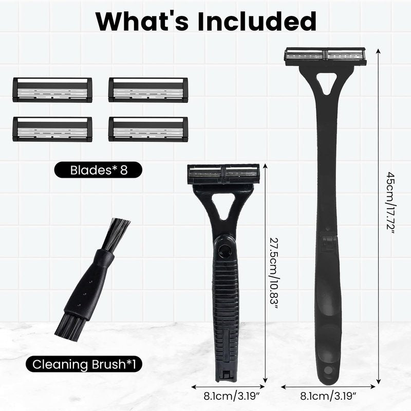 Back Shaver for Men with 8 Replacement Blades, Foldable Long Handle Body Hair Remover, Manual Back Razor Groomer for Men, Wet or Dry Shaving Body Trimmer for Smooth Hair Removal (Black)