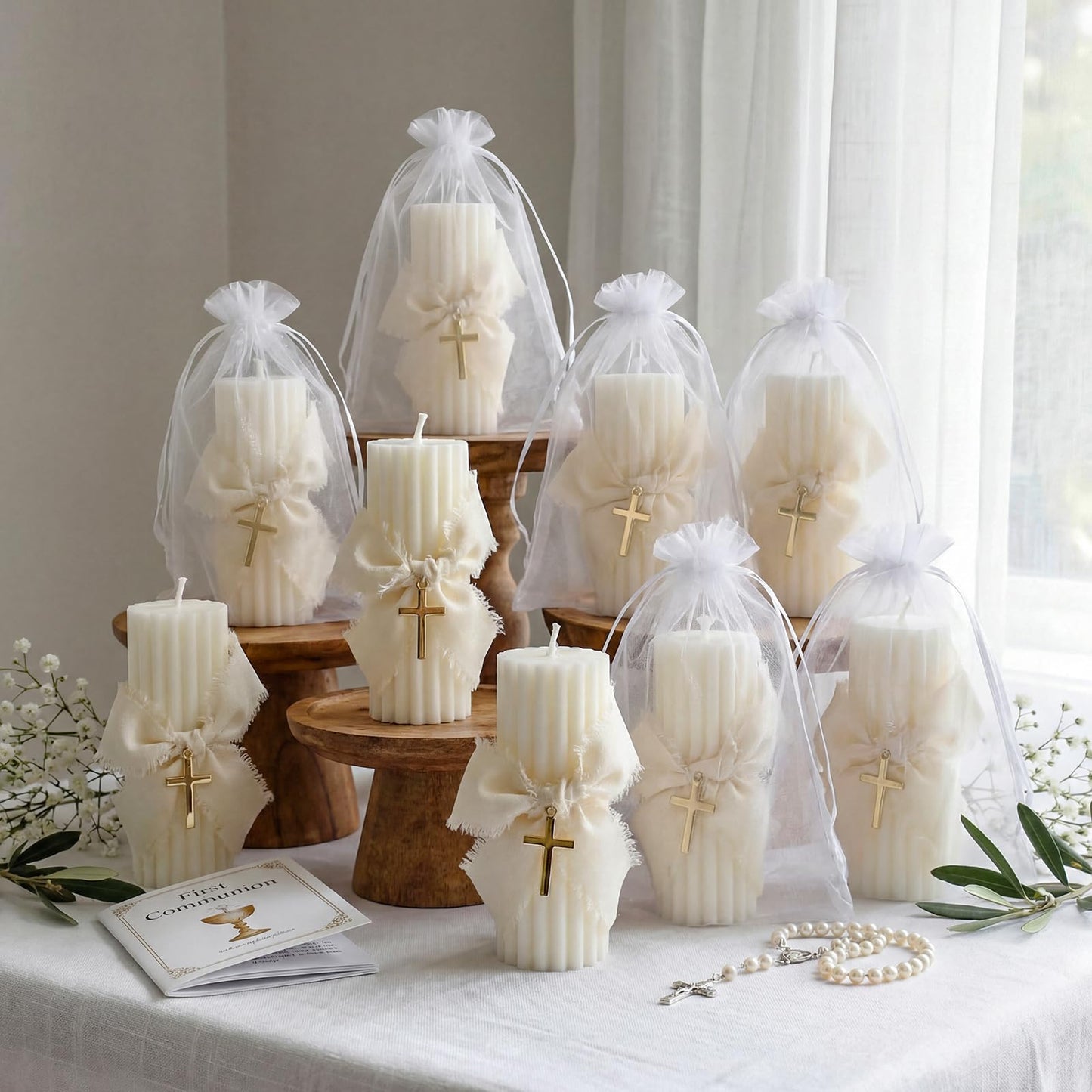 Conelist 12 Set Baptism Candle Cirios Pascual Catolico Catholic First Communion Candles with Bows and Crosses Church Prayer Gifts for First Communion Baby Christening Party Favor, 4.53 x 1.57 Inch