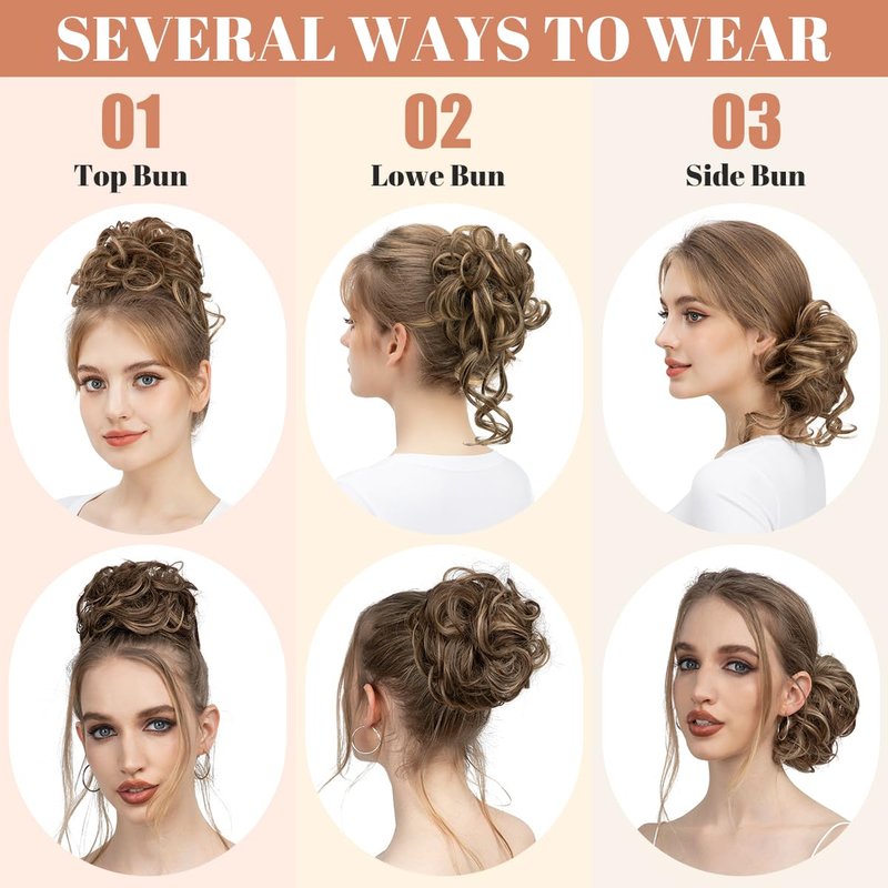 Messy Bun Hair Pieces - 2PCS Wavy Curly Synthetic Updo Extensions | Brunette & Ash Blonde Options