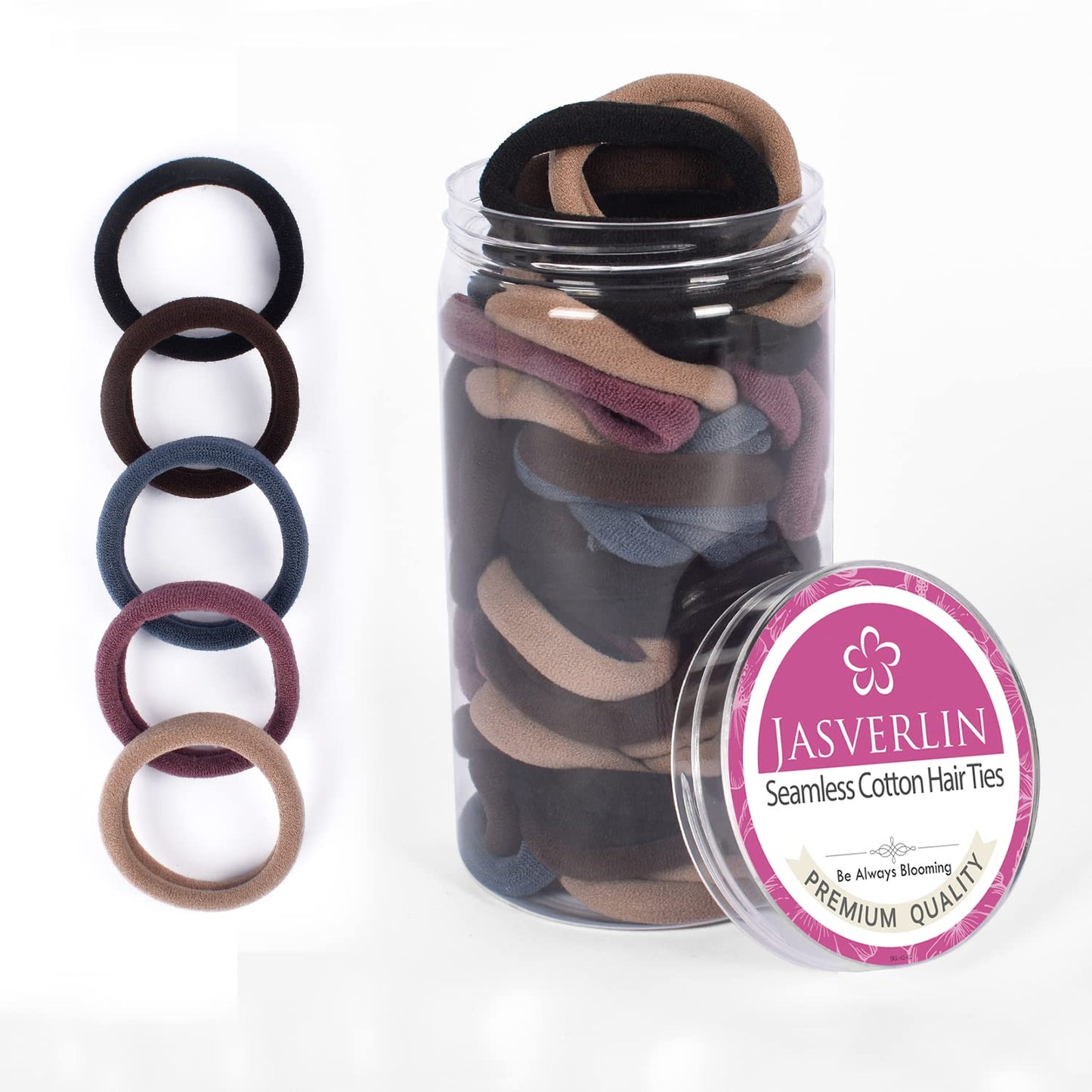 JASVERLIN Seamless Cotton Hair Ties - 100 Pcs Thick No-Damage Ponytail Holders | 1.5 Inch, 5 Colors
