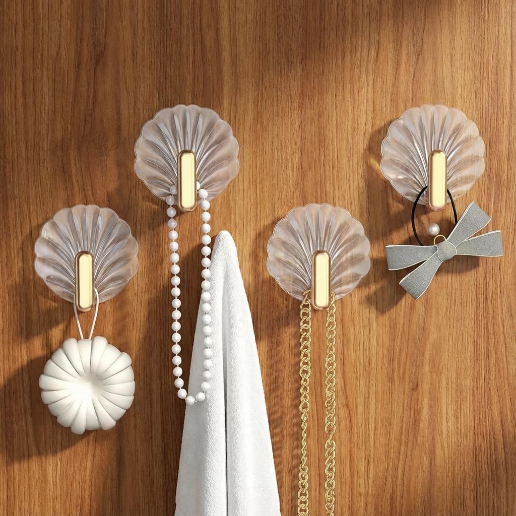 4 Pack Seashell Adhesive Wall Hooks, Decorative Shell Hangers for Towels Keys Jewelry, Heavy Duty No-Drill Hooks for Bathroom Shower Kitchen, Coastal Home Decor Gift (Clear with Gold Hook)